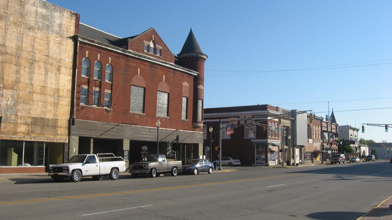 Buildings on the northern side of Main Street (U.S. Route 40) on both sides of its Jefferson Street intersection in Knightstown, Indiana, United States.  This block is part of the Knightstown Historic District, a historic district that is listed on the National Register of Historic Places.  From lef
