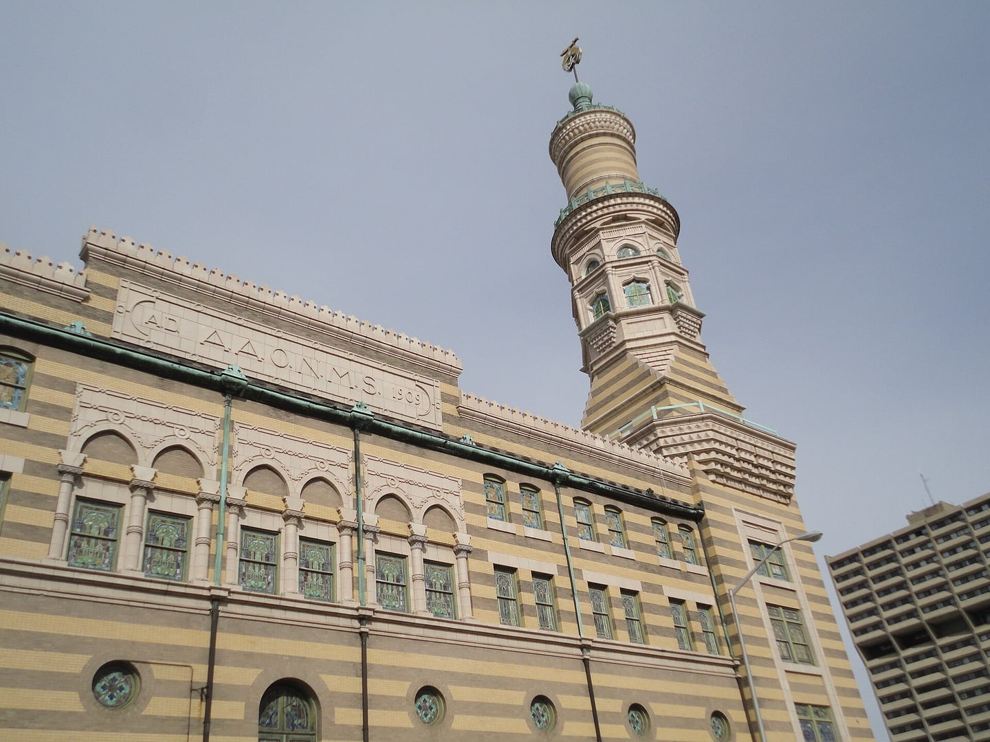 Exterior of Old National Centre (formerly Murat Shrine Temple), the 1909-1910 Moorish and Egyptian Revival landmark at 502 N New Jersey Street in downtown Indianapolis, Indiana