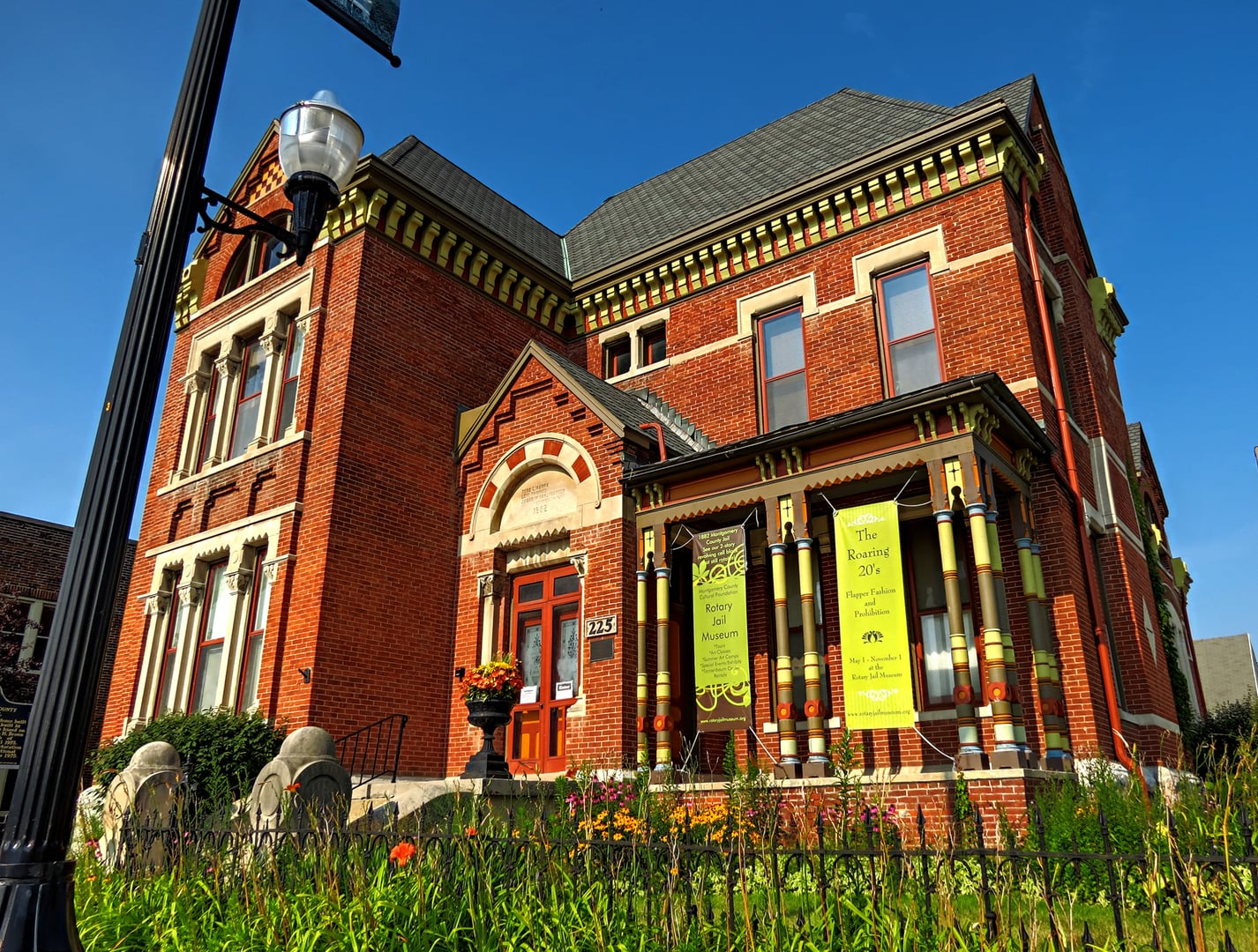 The Rotary Jail Museum exterior in Crawfordsville, Indiana, showing the historic 1882 jail building