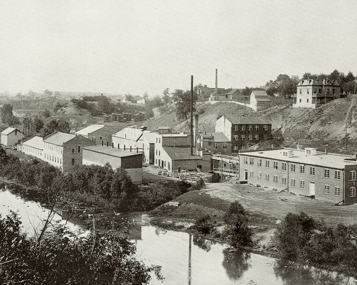 Historic 1893 bird's-eye view of the Starr Piano Company factory complex along the Whitewater River gorge in Richmond, Indiana, birthplace of Gennett Records