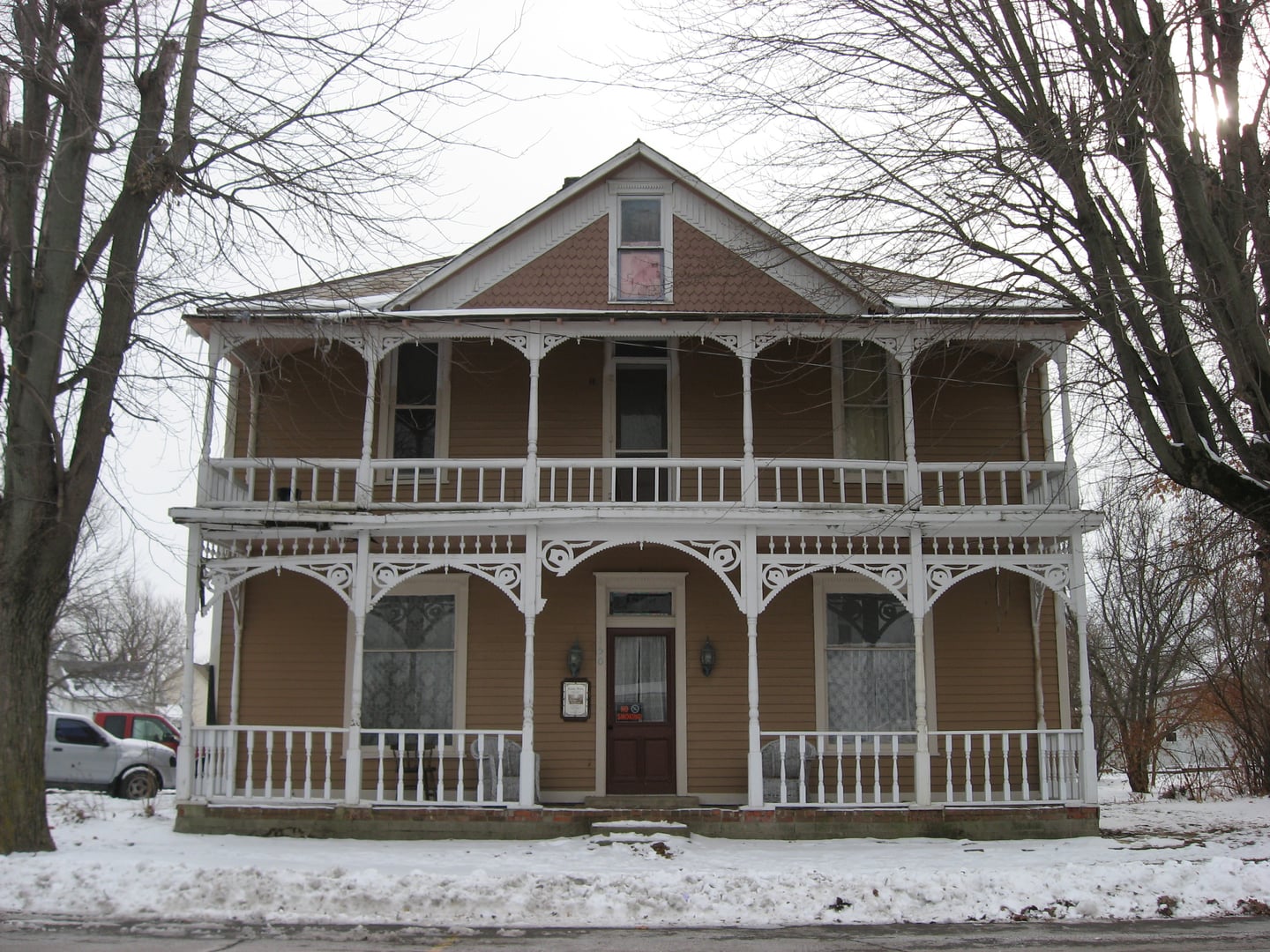 The Roads Hotel facade on West Main Street in Atlanta, Indiana, a 22-room 1893 Italianate hotel