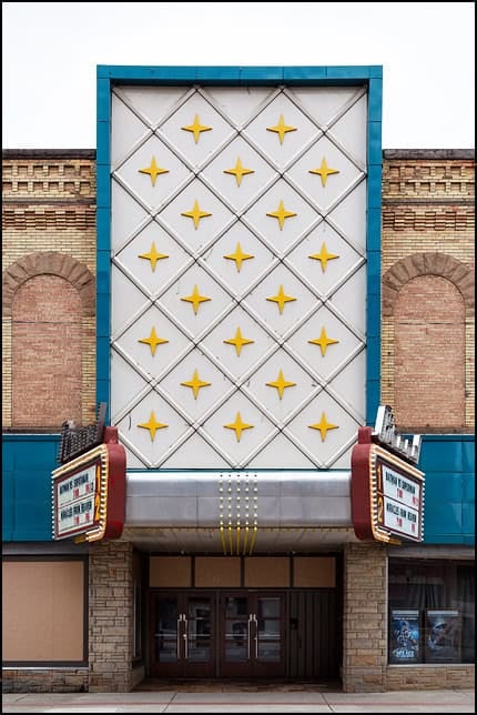1890 Strand Theatre marquee on Main Street in Kendallville, Indiana