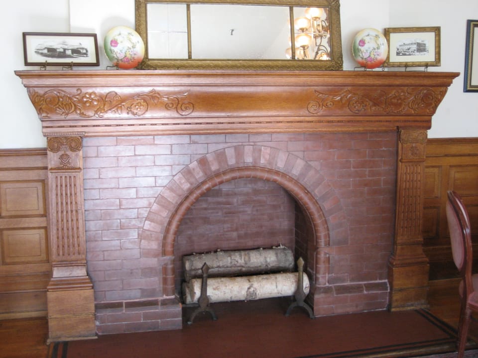 Fireplace mantel in the third-floor ballroom of Tippecanoe Place, South Bend, Indiana, 2007.