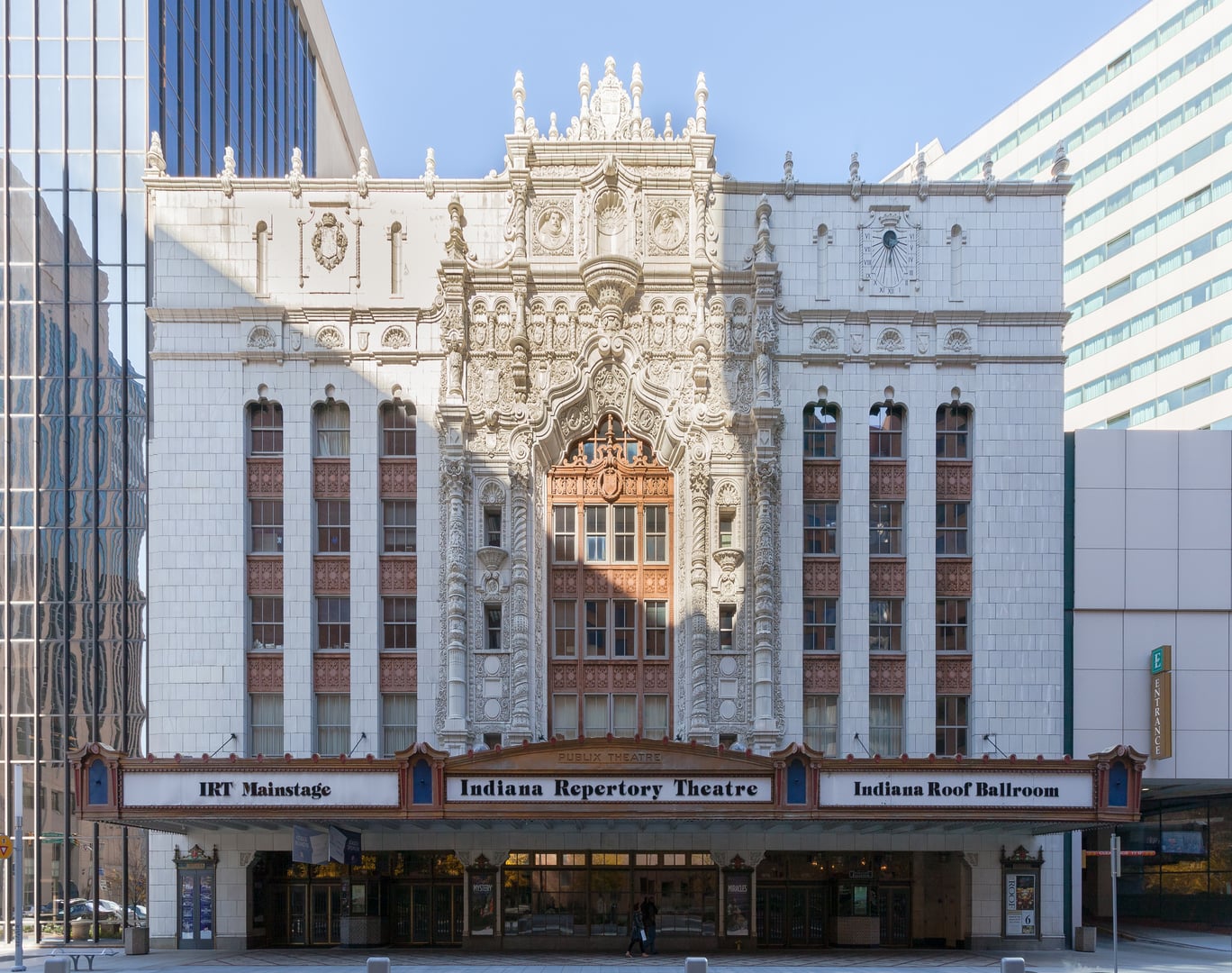 The 1927 Indiana Repertory Theatre facade on West Washington Street in downtown Indianapolis at twilight