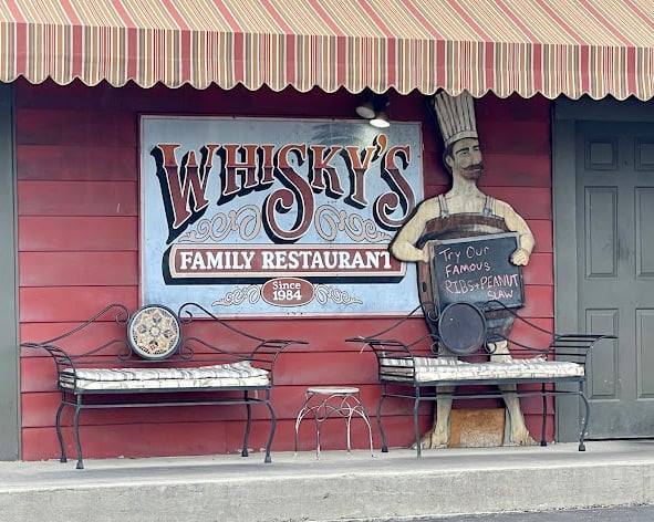 Whisky's Restaurant signage at the historic Newtown District dining establishment in Lawrenceburg Indiana, circa-1835 buildings