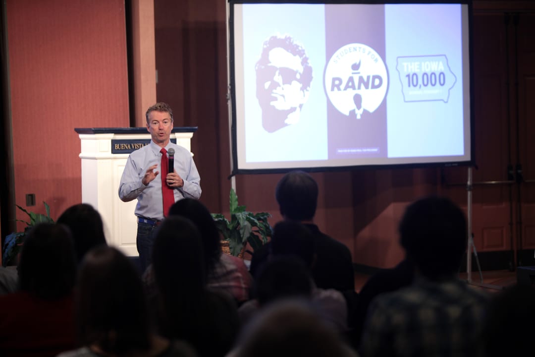 U.S. Senator Rand Paul speaking with supporters on his "The Iowa 10,000 College Tour!" at the Dows Conference Center at Buena Vista University in Storm Lake, Iowa.

Please attribute to Gage Skidmore if used elsewhere.