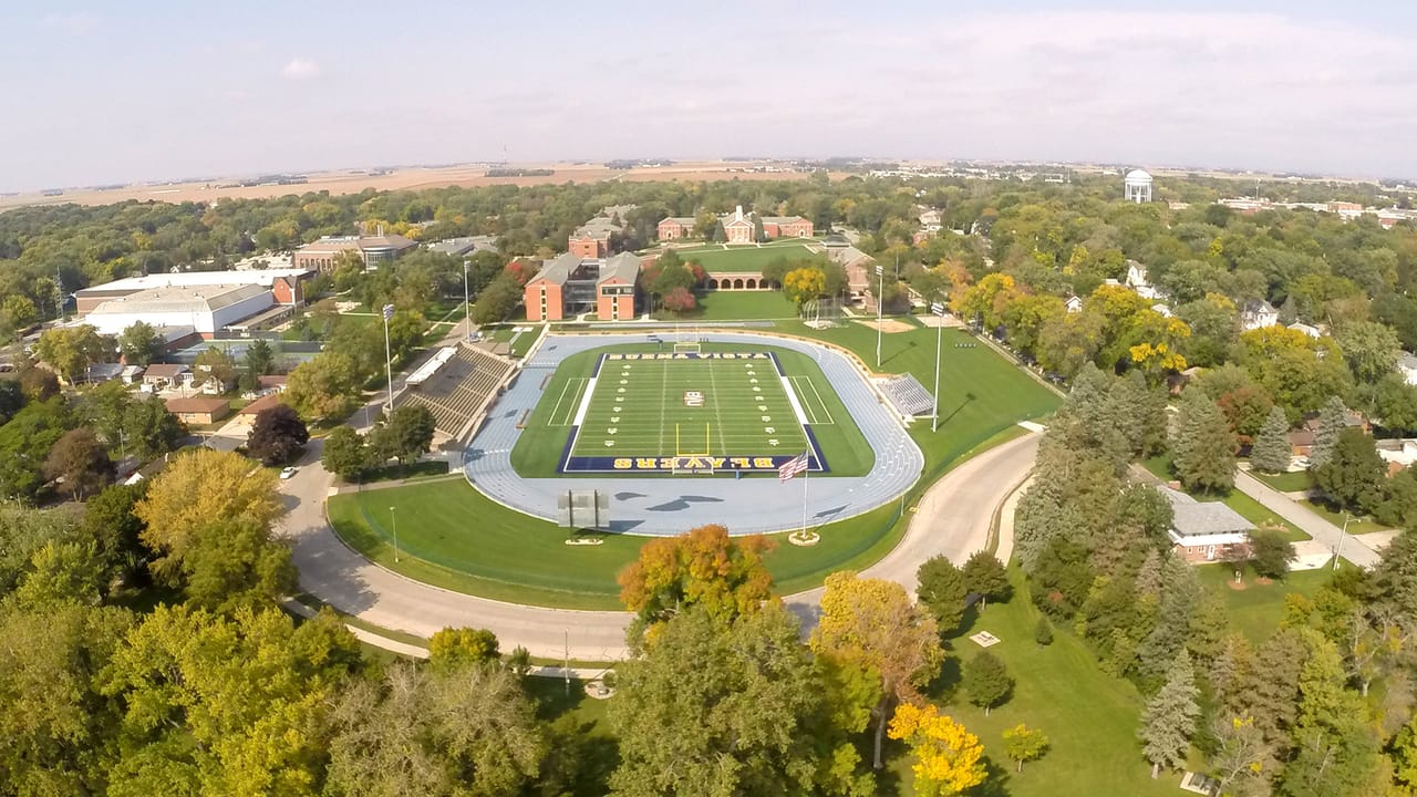 Aerial view of the Buena Vista University campus seen across Storm Lake in Storm Lake, Iowa.
