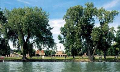 Aerial view of the Buena Vista University campus seen across Storm Lake in Storm Lake, Iowa.