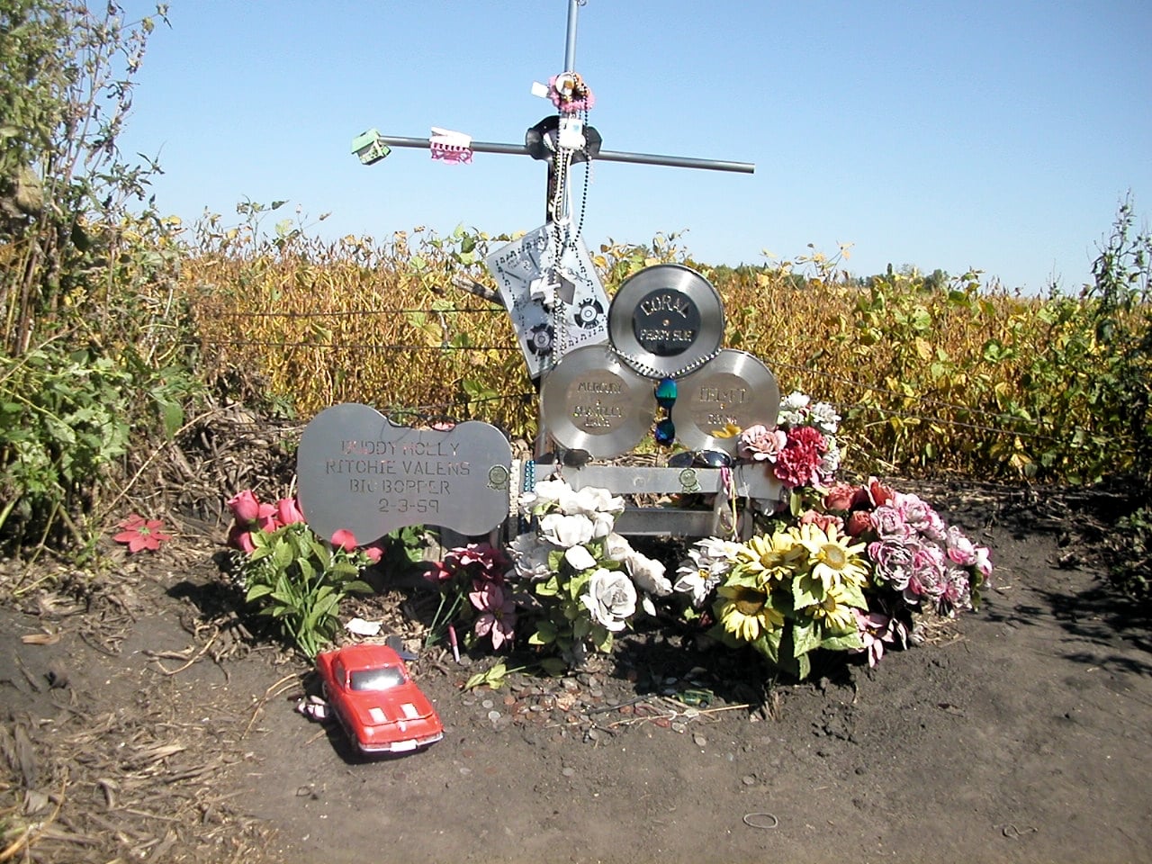 Three Stars memorial marker at the Buddy Holly, Ritchie Valens, and Big Bopper crash site near Clear Lake, Iowa