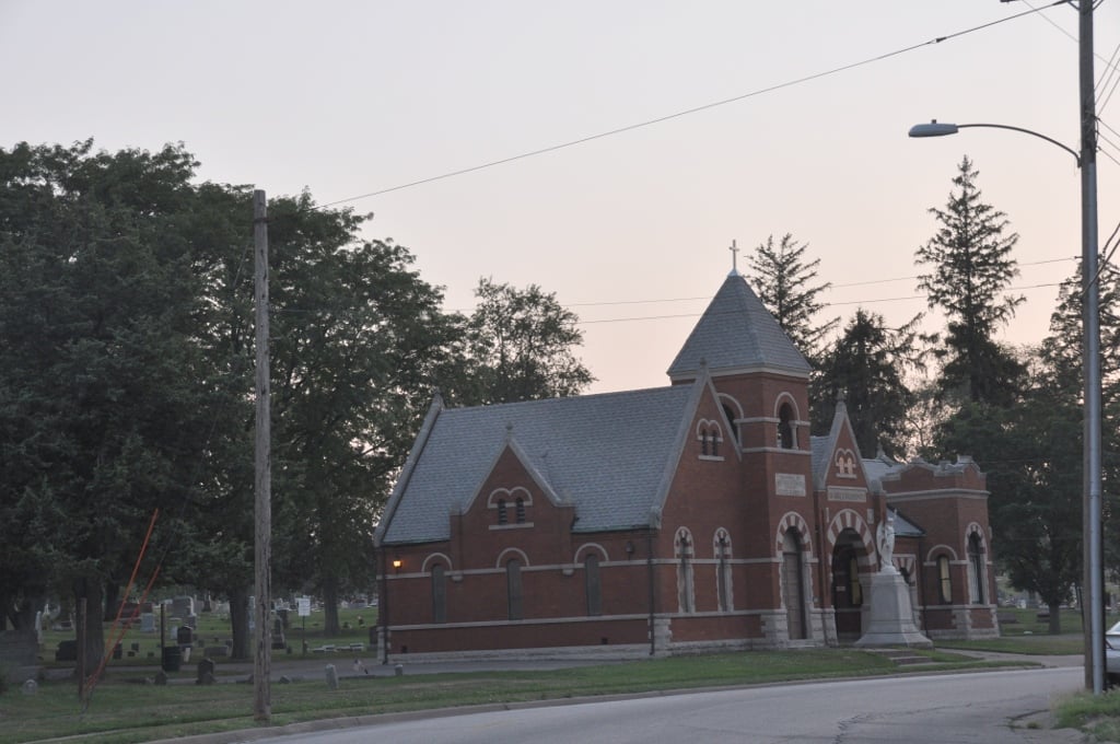 The Richardsonian Romanesque brick chapel of Greenwood Cemetery in Muscatine, Iowa