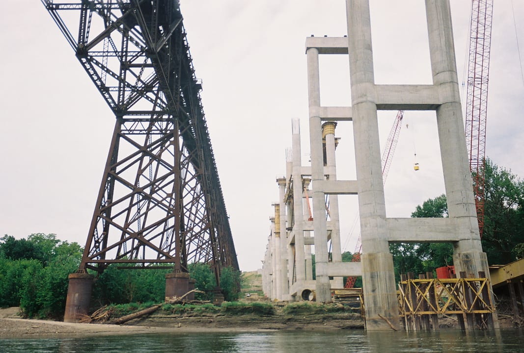 Kate Shelley High Bridge, currently owned by Union Pacific Railroad. The original steel trestle Boone Viaduct, a.k.a. Kate Shelley High Bridge, is on the left (south); the new officially named Kate Shelley High Bridge with reinforced concrete trestles is on the right (north). Photograph captured 08/