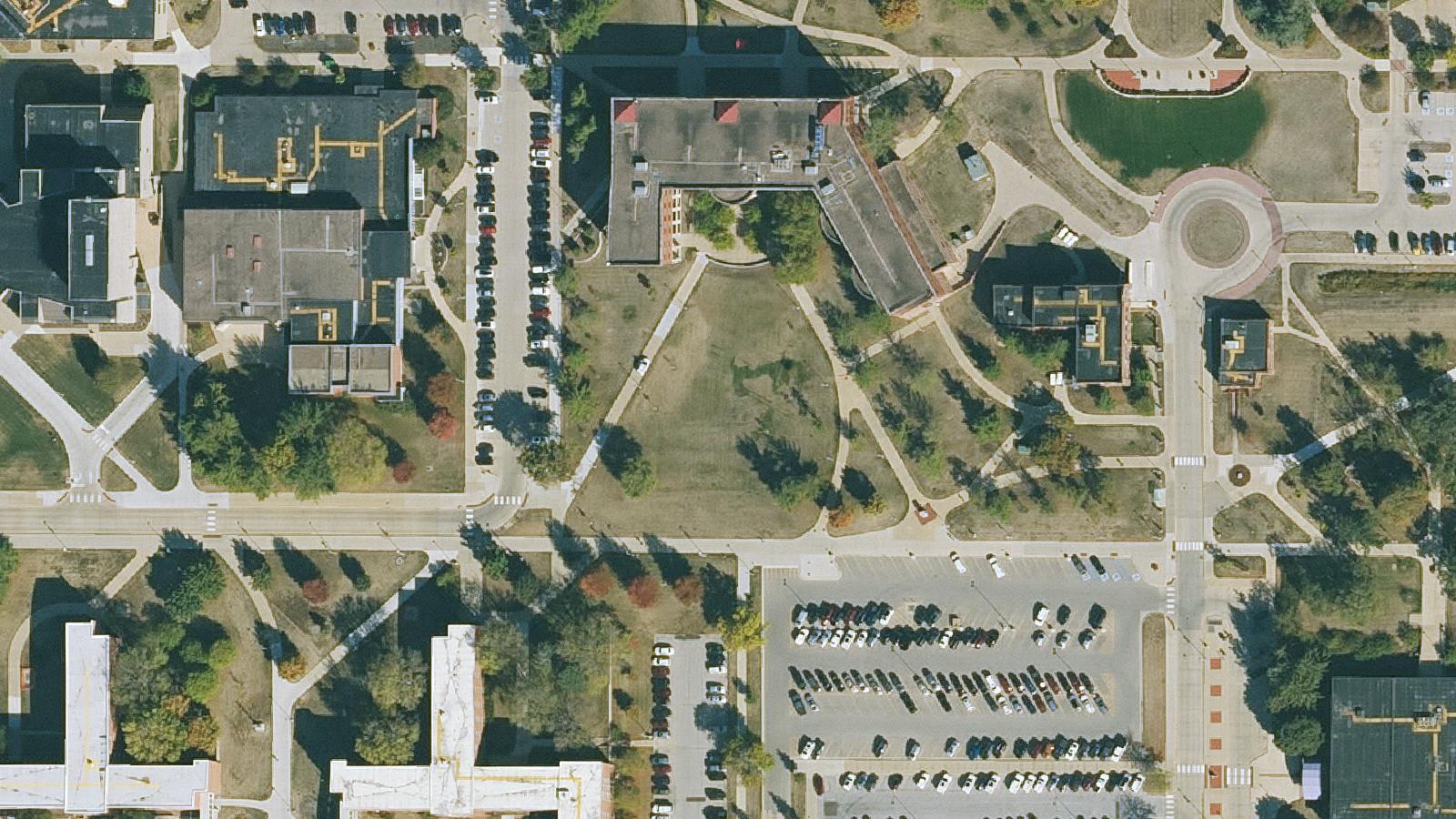 Aerial survey view of Lawther Hall, University of Northern Iowa