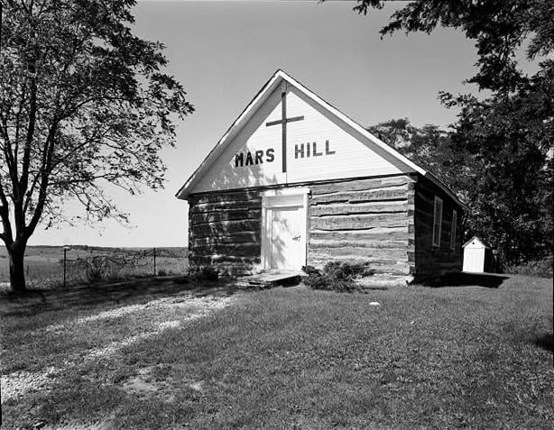 HABS photograph of the 1857 Mars Hill log church in rural southern Iowa near Bloomfield — one of the oldest log churches still in use west of the Mississippi.