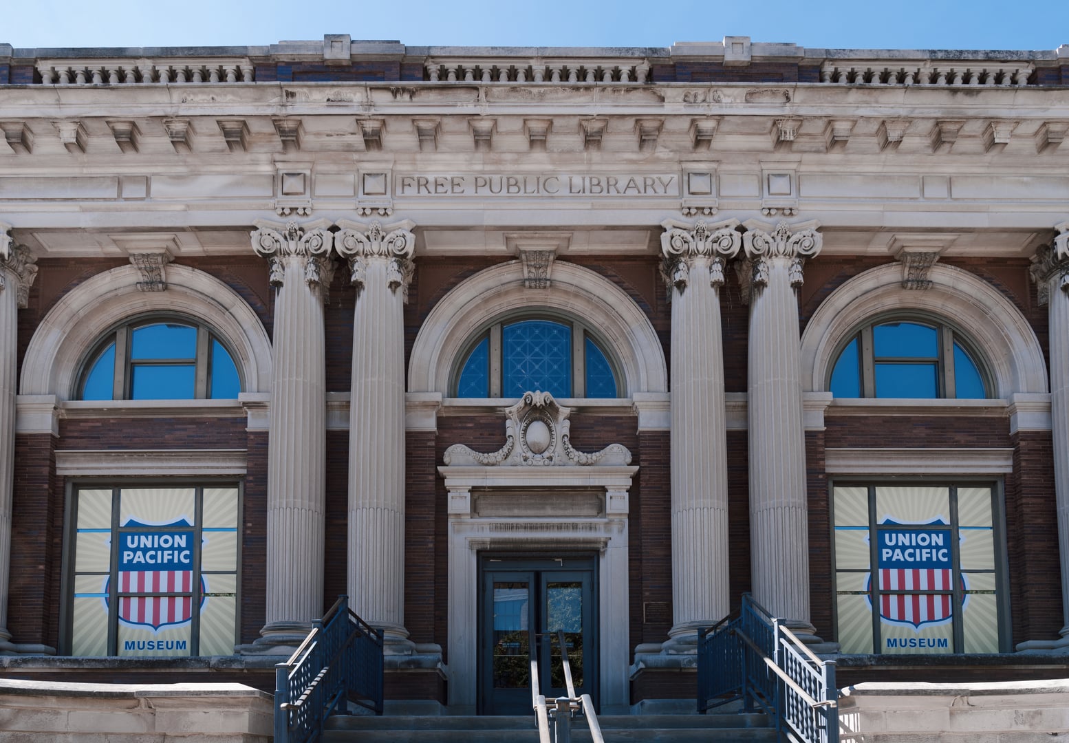 Beaux-Arts façade of the Union Pacific Railroad Museum at 200 Pearl Street in Council Bluffs, Iowa, formerly the city's 1905 Andrew Carnegie public library building.