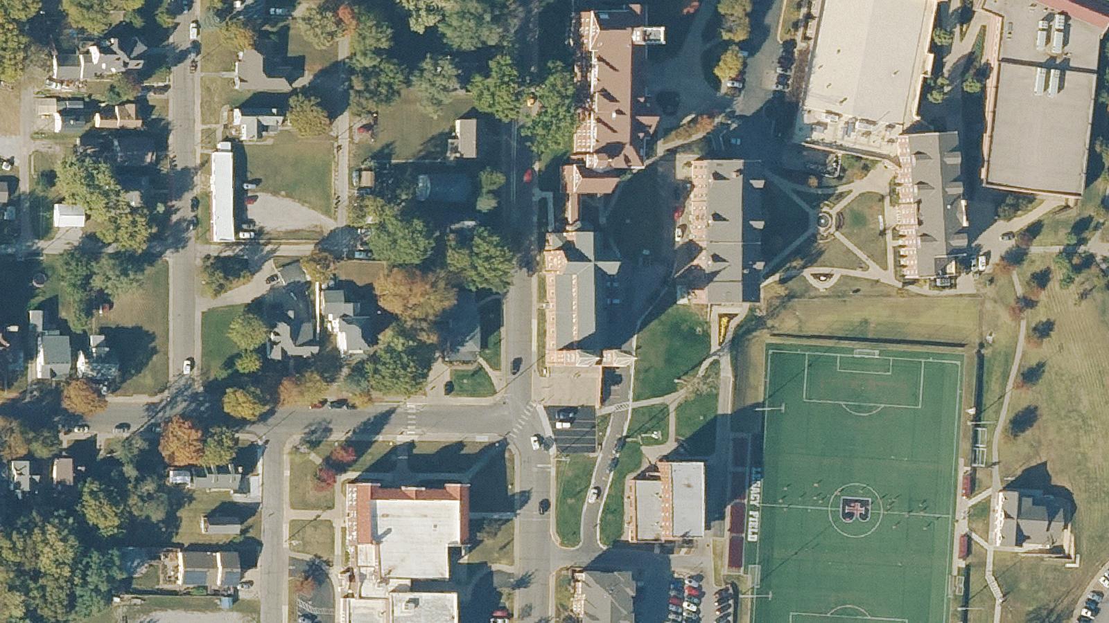 Aerial survey view of Benedictine College (Ferrell Hall & Memorial Hall)
