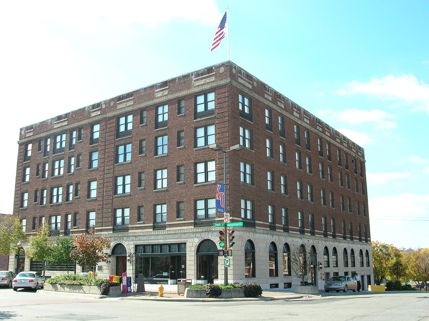 The six-story brick Eldridge Hotel at 7th and Massachusetts Street in downtown Lawrence, Kansas, rebuilt on the original Free State Hotel site after Quantrill's 1863 raid