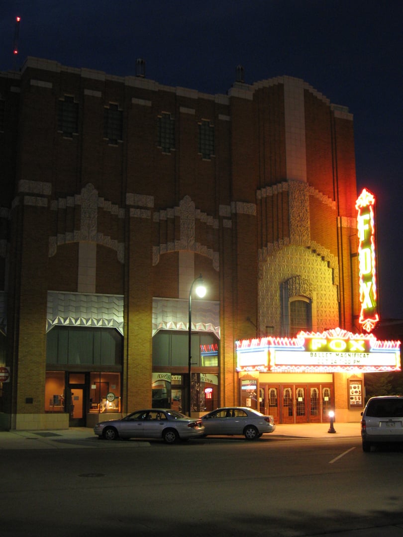Hutchinson Fox Theatre 1931 Art Deco marquee lit at night, Hutchinson, Kansas