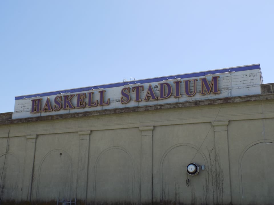 The sign to Haskell Stadium. The stadium, which cost $166,000 to build, was dedicated in 1926, along with the Haskell Arch.