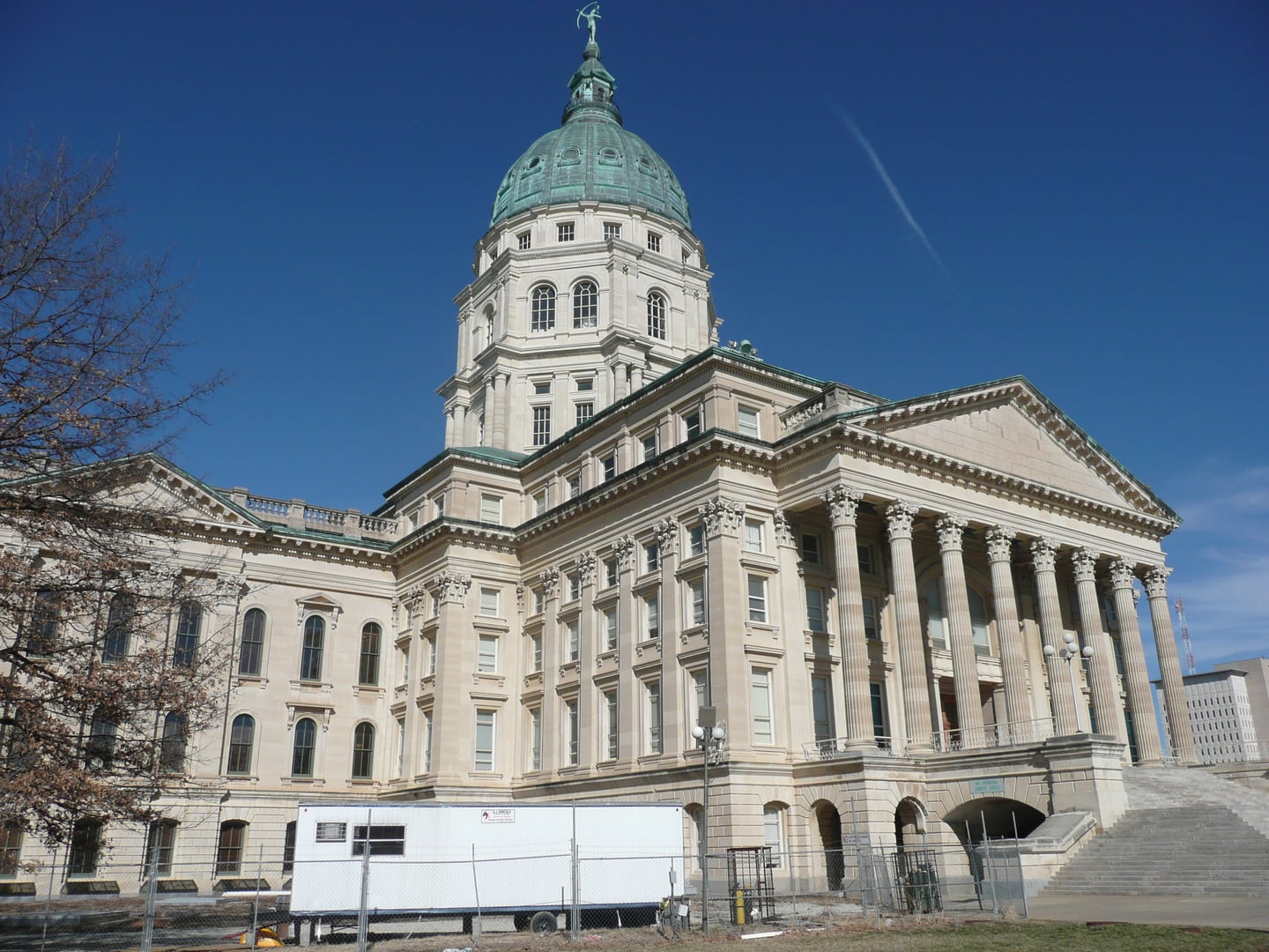 The Kansas State Capitol dome and east facade in Topeka, Kansas, completed in 1903 after 37 years of construction