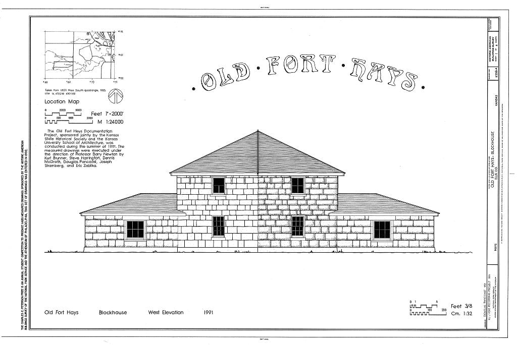 Historic American Buildings Survey cover sheet drawing of the Old Fort Hays blockhouse in Hays, Kansas, documenting the surviving frontier post structure on the National Register of Historic Places.