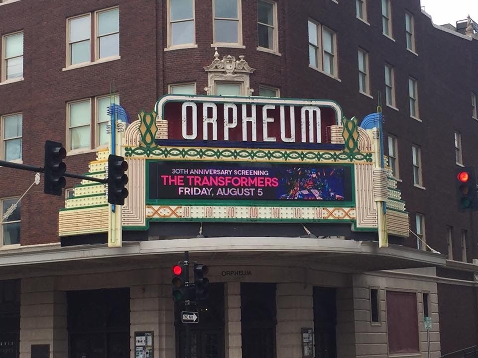 The Orpheum Theatre marquee on Broadway in downtown Wichita, Kansas, showing the 1922 John Eberson atmospheric theater facade