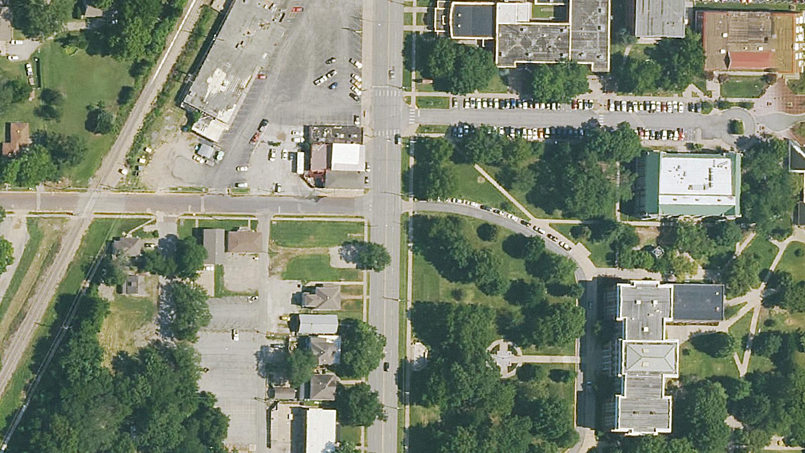Aerial survey view of Russ Hall, Pittsburg State University