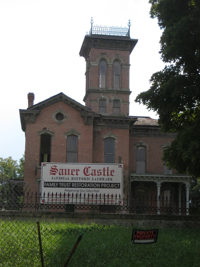 The Italianate tower and widow's walk of the 1873 Sauer Castle, a National Register landmark on Shawnee Drive in Kansas City, Kansas.