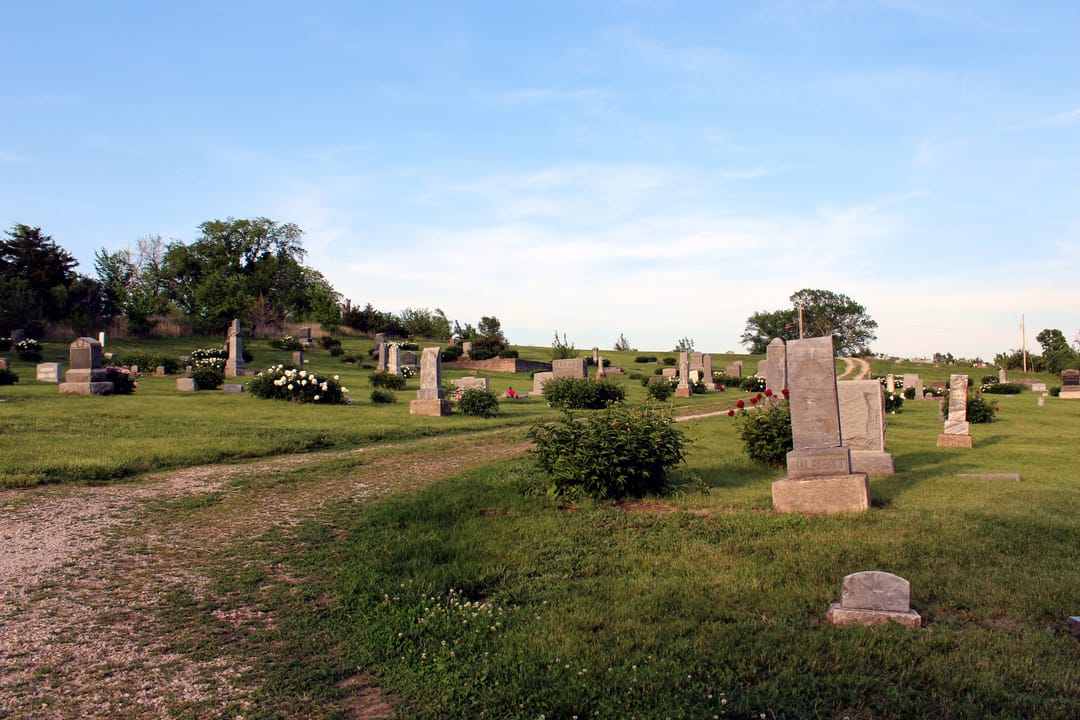 Stull Cemetery, Stull, Kansas, looking northeast across rows of headstones and monuments, 2014.