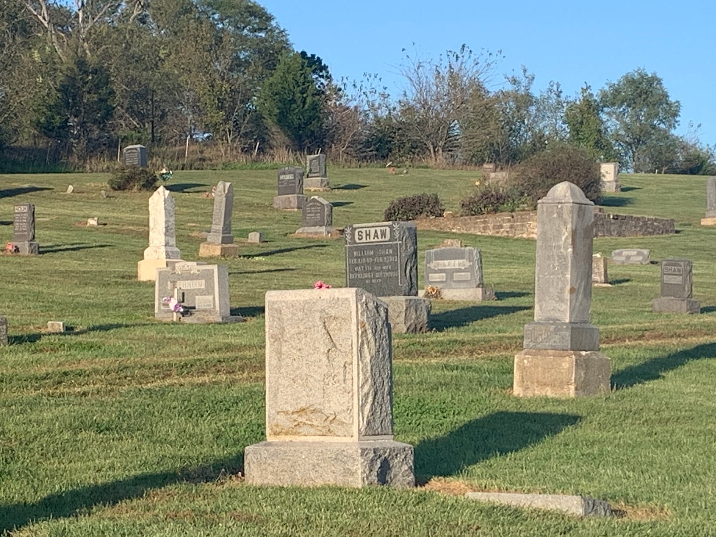 View of headstones at Stull Cemetery in rural Stull, Douglas County, Kansas