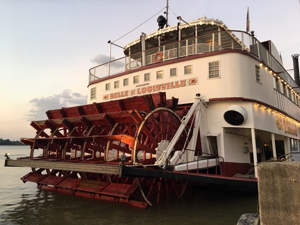 Steam-powered sternwheel paddleboat Belle of Louisville moored at the downtown Louisville wharf on the Ohio River