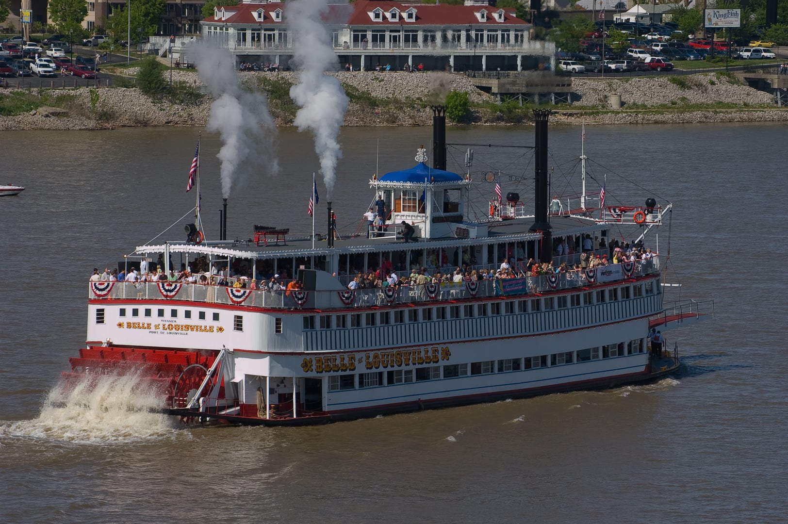 Steam-powered sternwheel paddleboat Belle of Louisville moored at the downtown Louisville wharf on the Ohio River