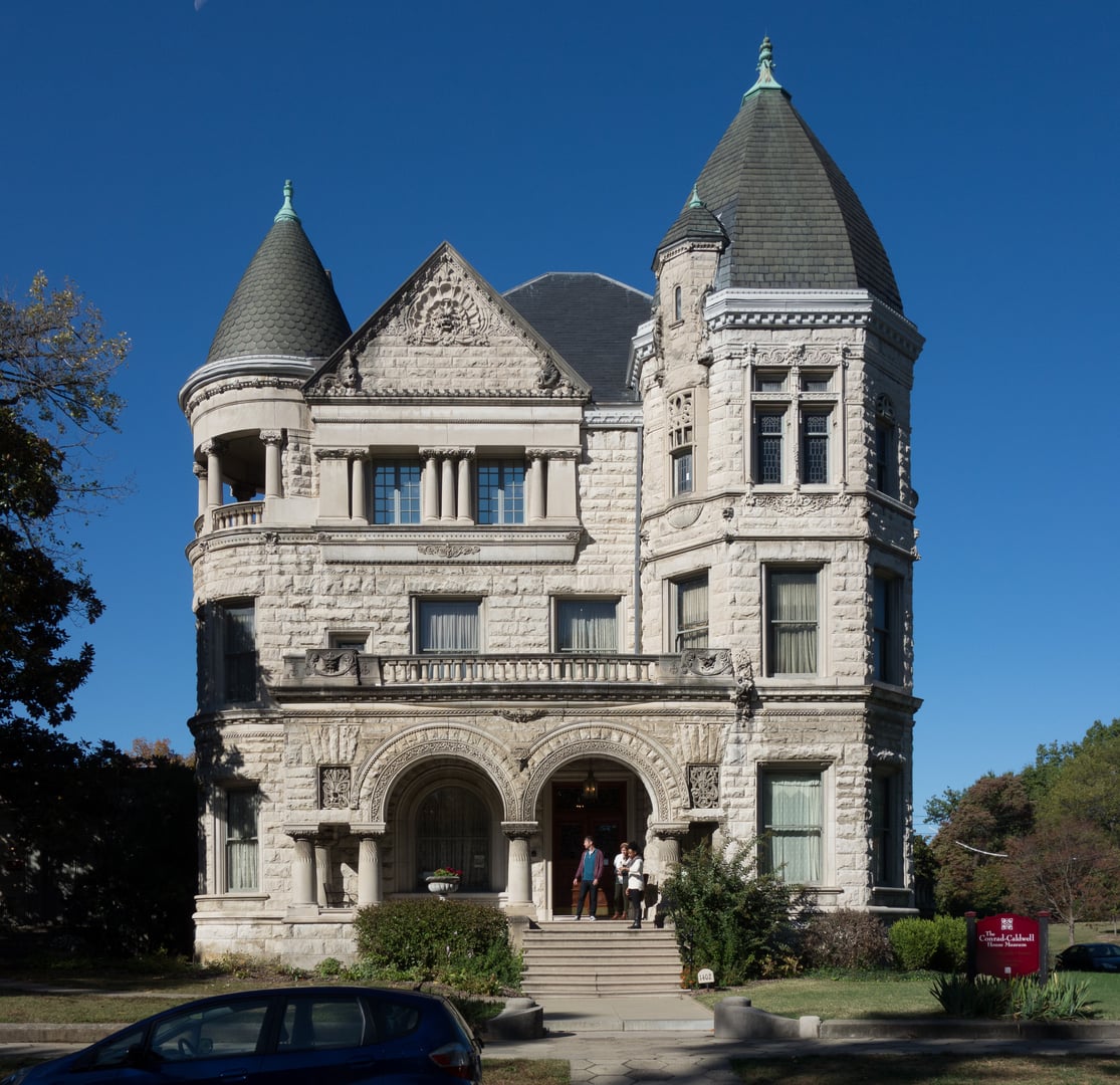 Richardsonian Romanesque limestone exterior of the Conrad-Caldwell House on St. James Court in Old Louisville