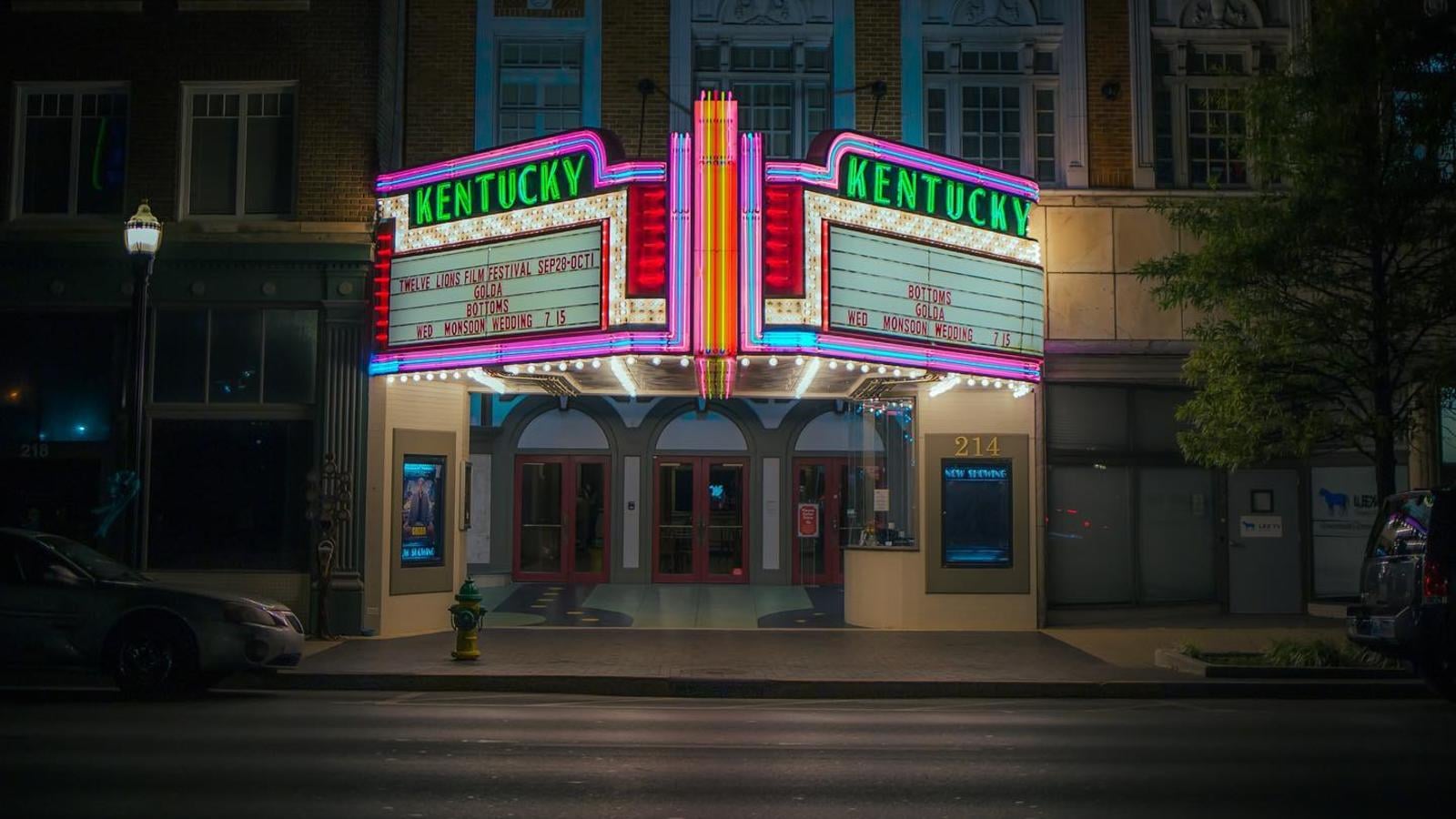 Restored 1922 Adamesque facade and lighted marquee of the Kentucky Theatre on East Main Street in downtown Lexington