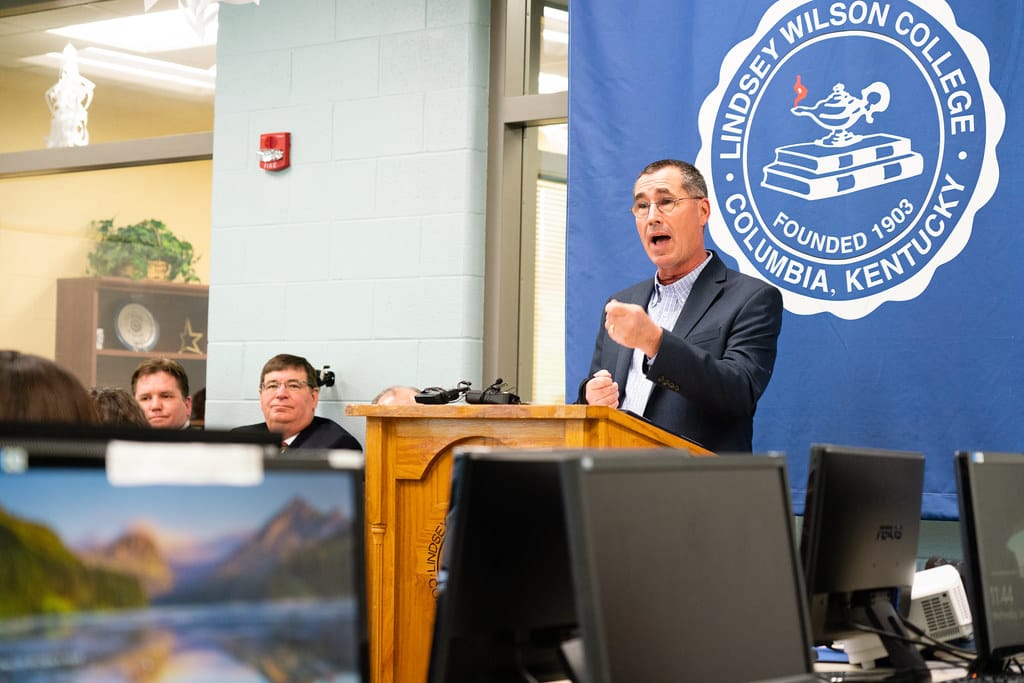 COLUMBIA, Ky. -- Dan Rodamaker, president and chief execitve officer of Gibson Electric Membership Corporation, speaks about closing the digital divide in rural America Jan. 29, 2020, during a formal announcement of over $55.3 million in USDA Rural Development funding to expand broadband in rural Ke
