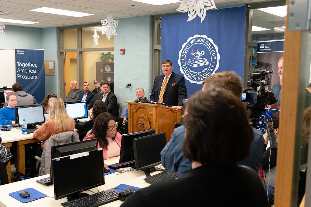 COLUMBIA, Ky. -- Lindsey Wilson College President Dr. William T. Luckey Jr. speaks about the importance of broadband connectivity in higher education Jan. 29, 2020, before a formal announcement of over $55.3 million in USDA Rural Development funding to expand broadband in rural Kentucky. The project