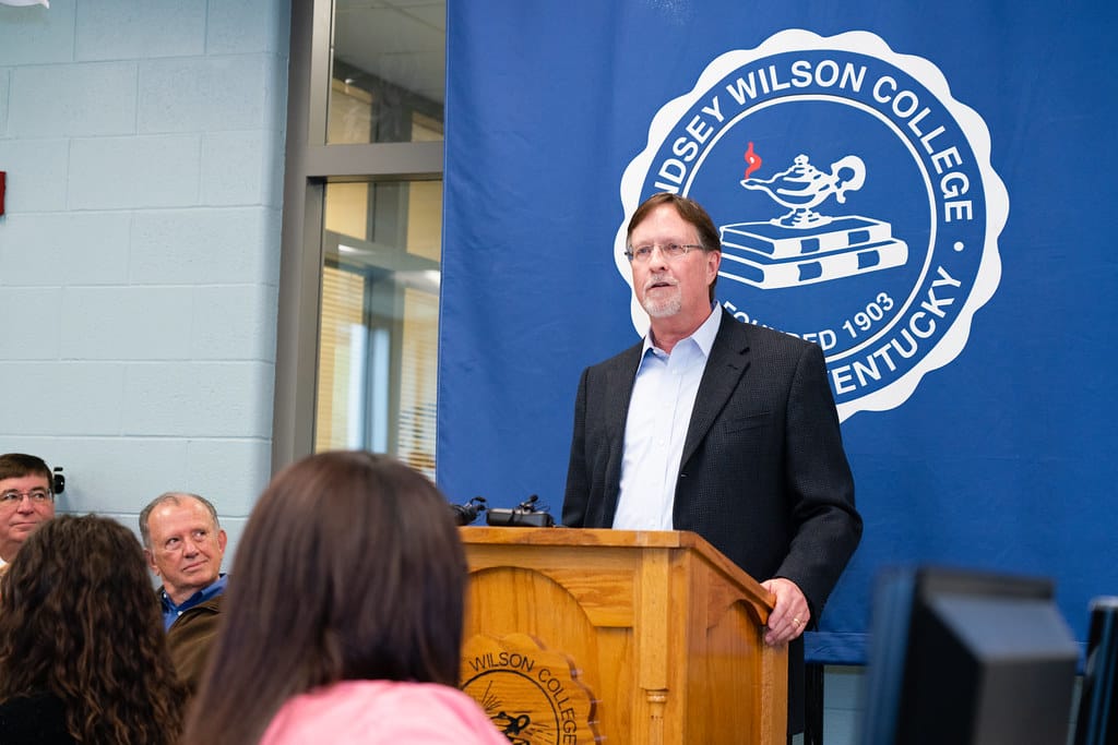 COLUMBIA, Ky. -- Randy Grogan, general manager and chief executive officer of Ballard Telephone Cooperative, speaks about the importance of broadband connectivity in higher education Jan. 29, 2020, during a formal announcement of over $55.3 million in USDA Rural Development funding to expand broadba
