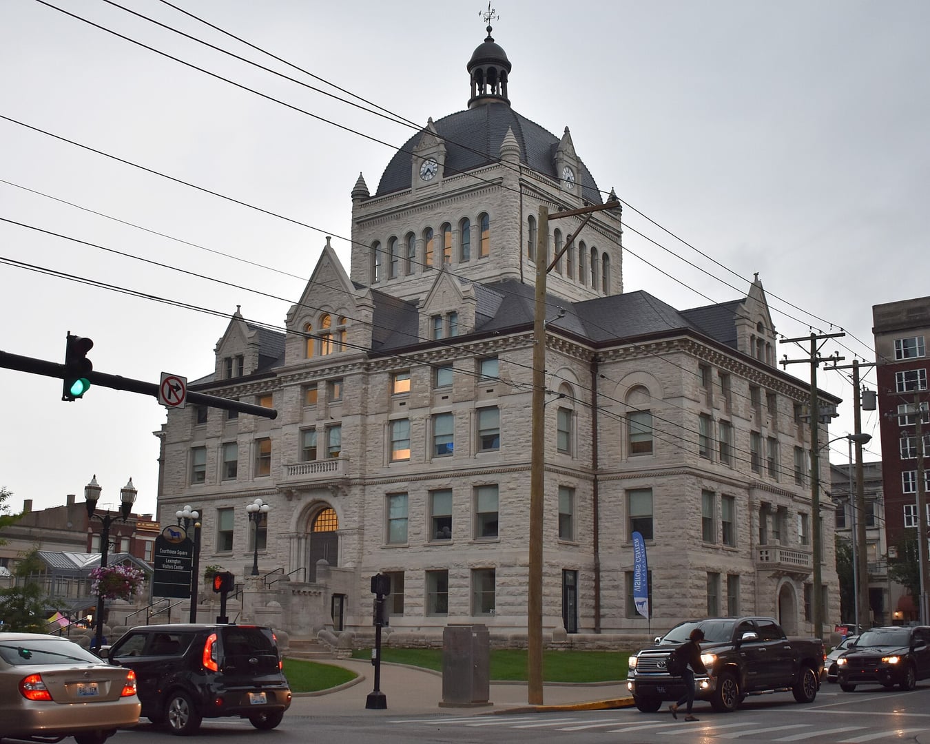 Richardsonian Romanesque limestone exterior and bulbous octagonal dome of the Old Fayette County Courthouse, now Lexington History Center, on West Main Street