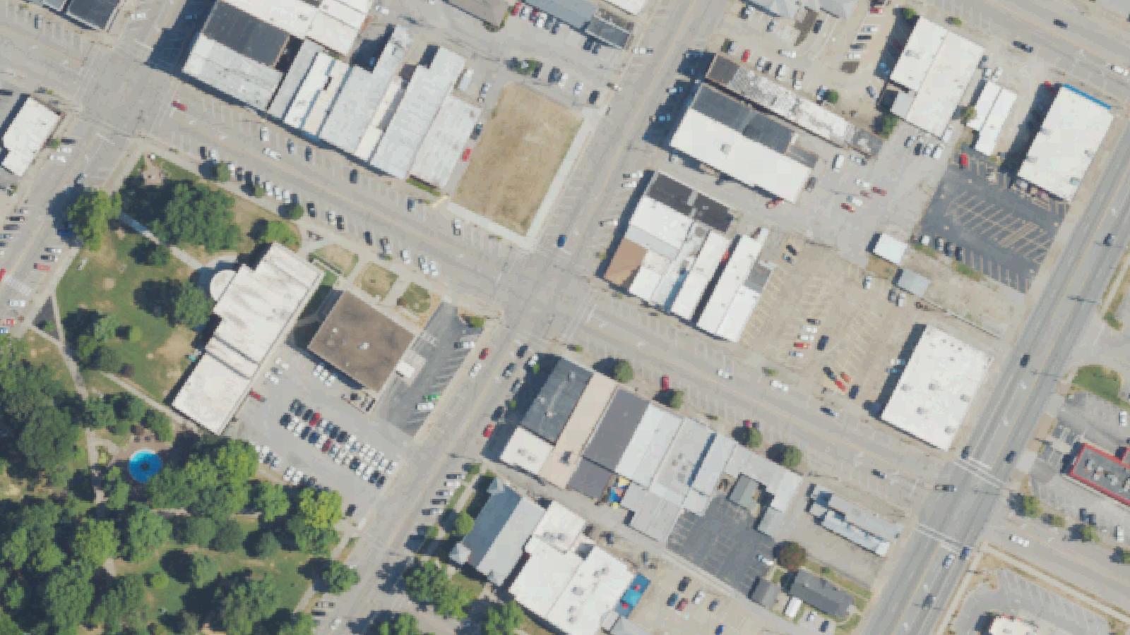 Aerial survey view of The Elm (Delker Carriage Building)