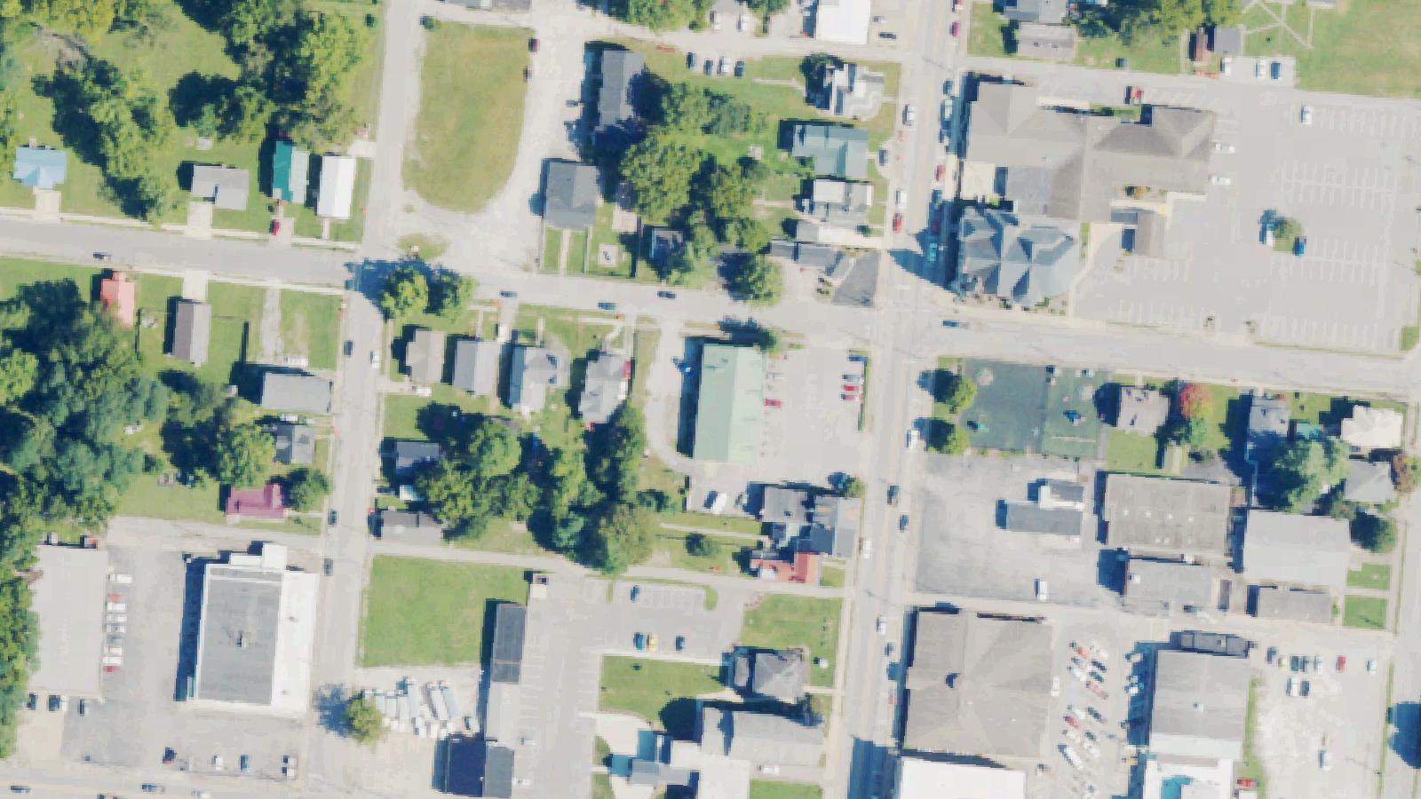 Aerial survey view of WCYN Radio Building (1790 Log Cabin)