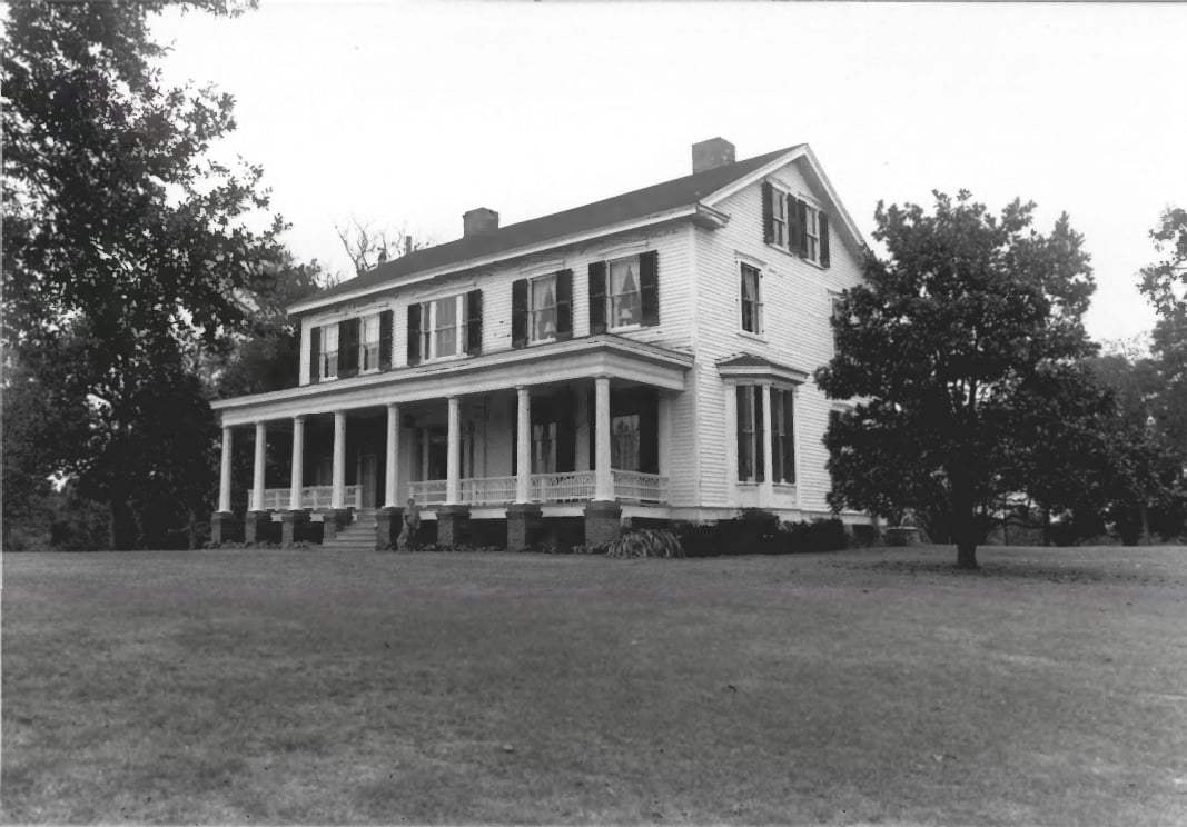 The two-and-a-half-story 1859 Greek Revival Buena Vista Plantation mansion with one-story columned gallery near Stonewall in DeSoto Parish, Louisiana.