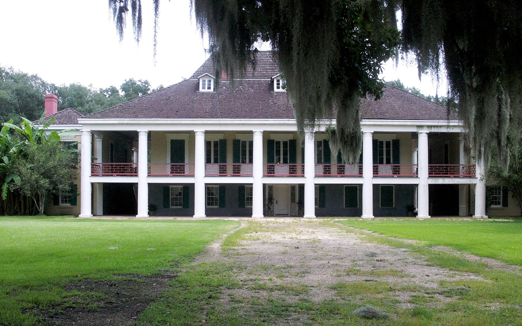 Front facade of Destrehan Plantation manor house on River Road in St. Charles Parish, Louisiana, oldest surviving plantation home in the lower Mississippi valley