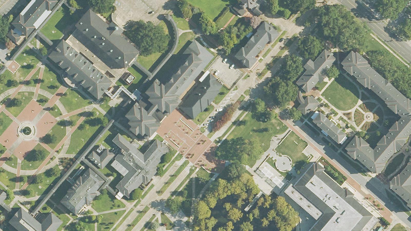 Aerial survey view of Harris Hall (Formerly Denbo Hall), University of Louisiana at Lafayette