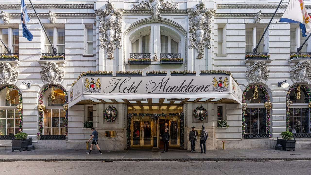 Beaux-Arts facade of Hotel Monteleone at 214 Royal Street in the New Orleans French Quarter, photographed from Royal Street