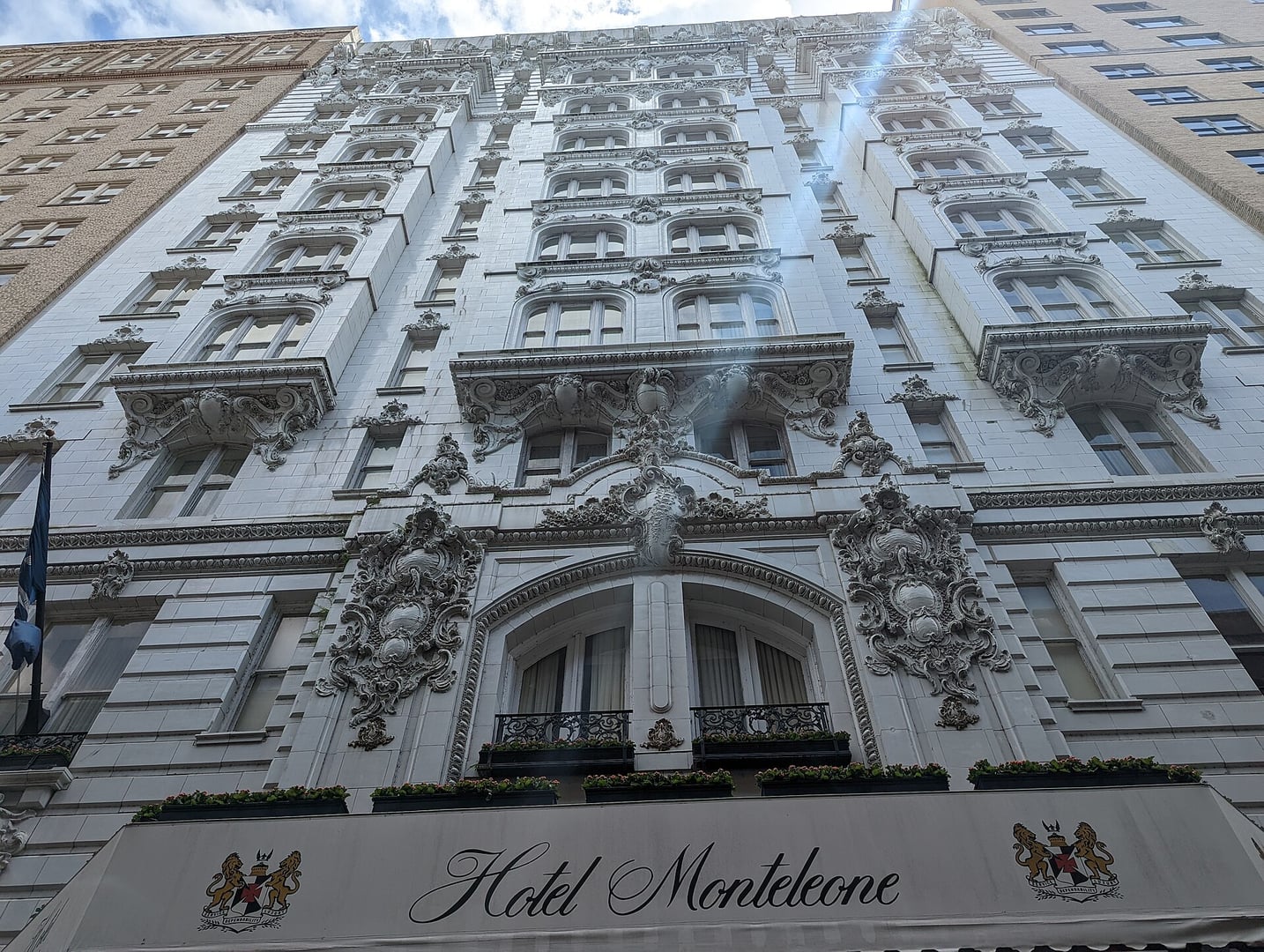 Beaux-Arts facade of Hotel Monteleone at 214 Royal Street in the New Orleans French Quarter, photographed from Royal Street