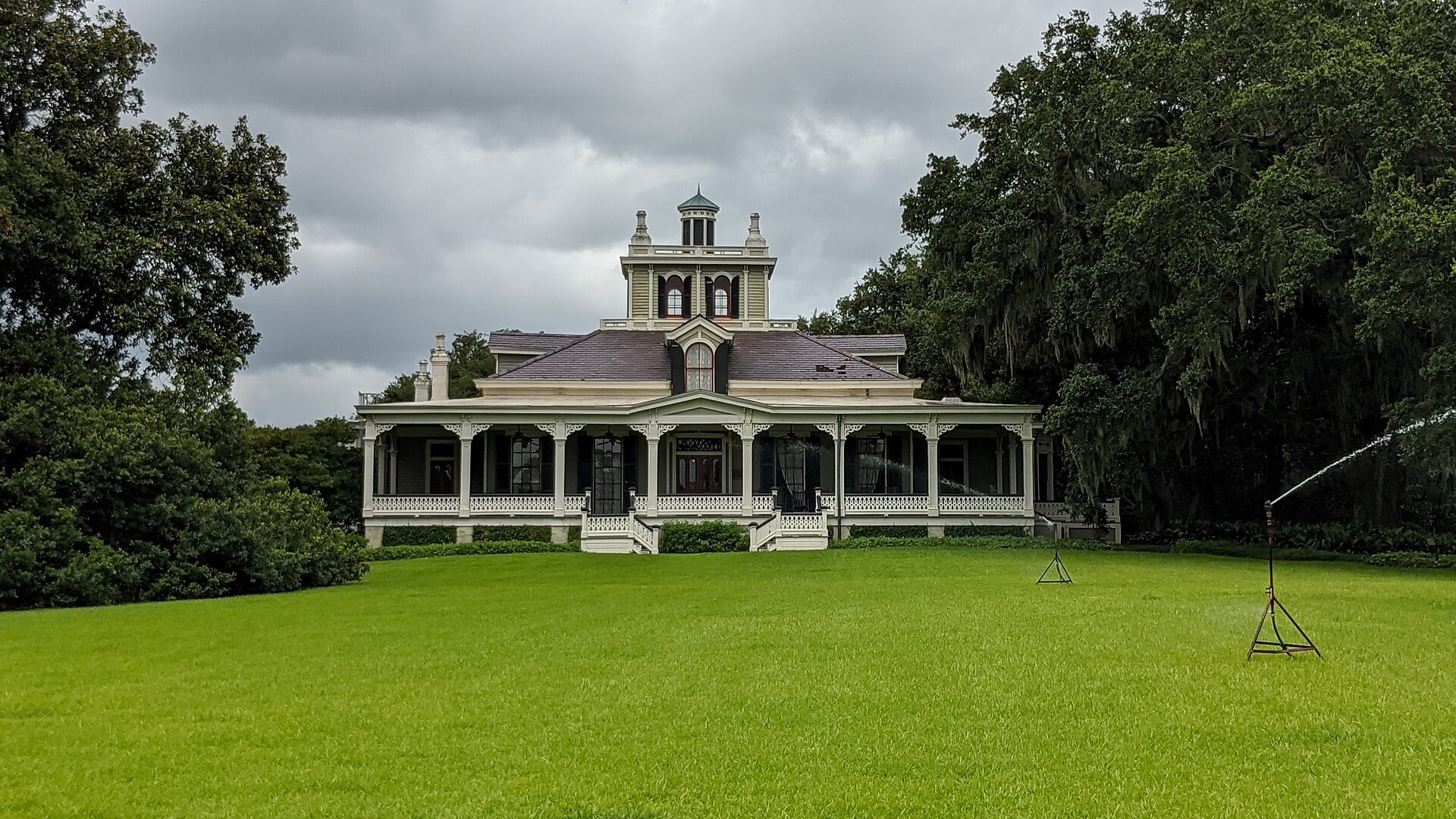 Exterior of the 1870 Joseph Jefferson Mansion at Rip Van Winkle Gardens on Jefferson Island, New Iberia, Louisiana, showing Moorish Revival towers and porches