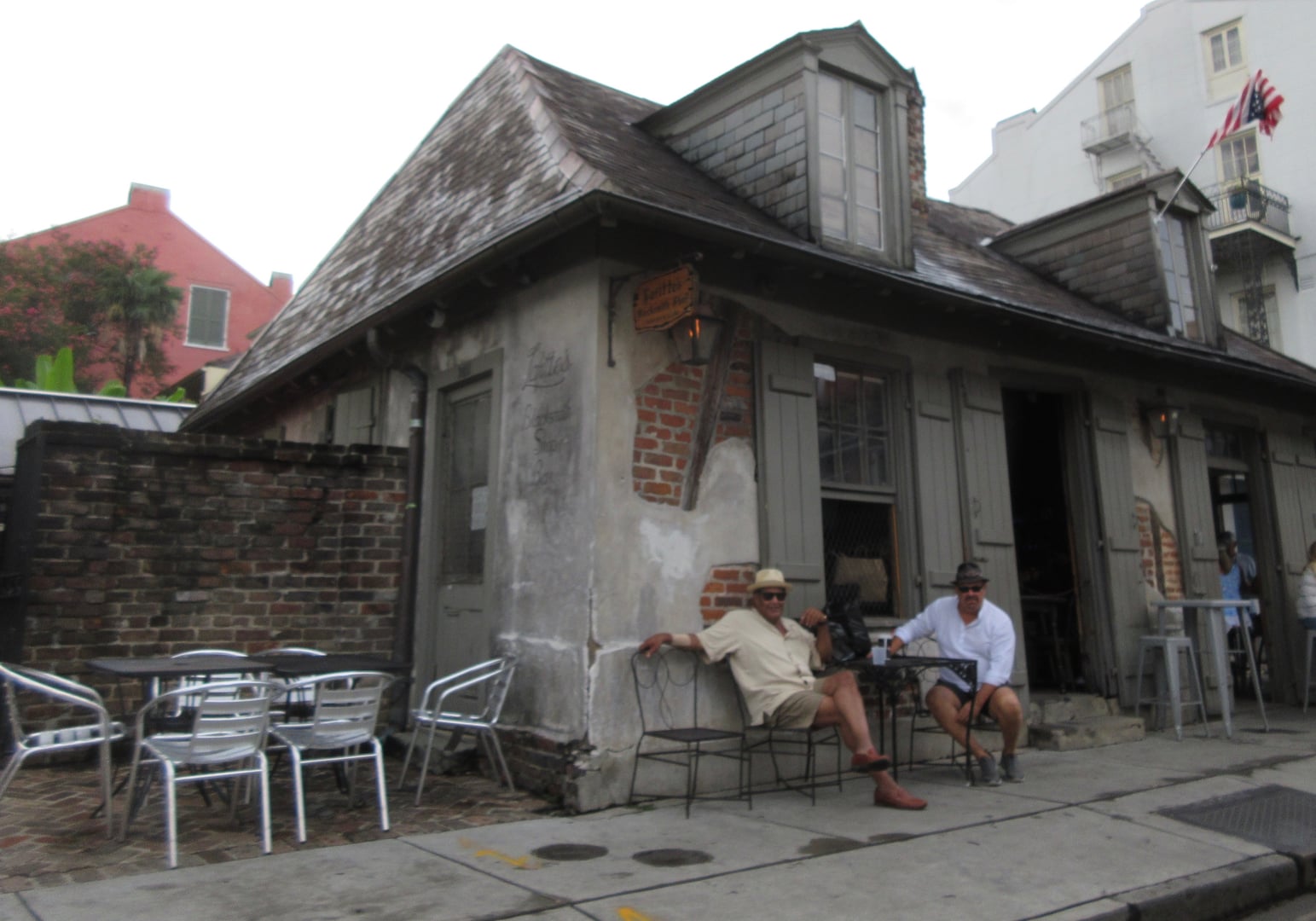 Briquette-entre-poteaux French Colonial townhouse housing Lafitte's Blacksmith Shop bar on Bourbon Street in the New Orleans French Quarter