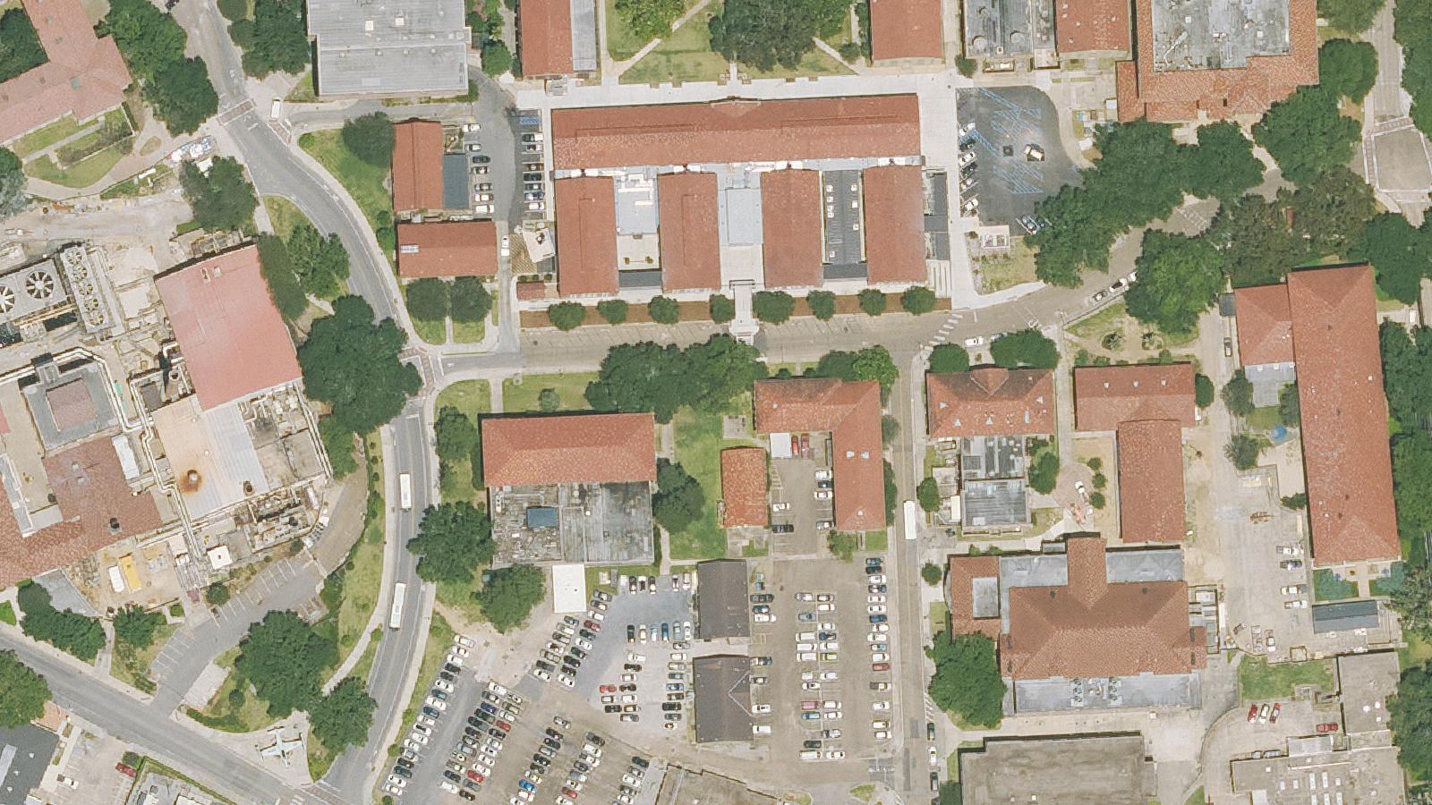 Aerial survey view of LSU Pleasant Hall