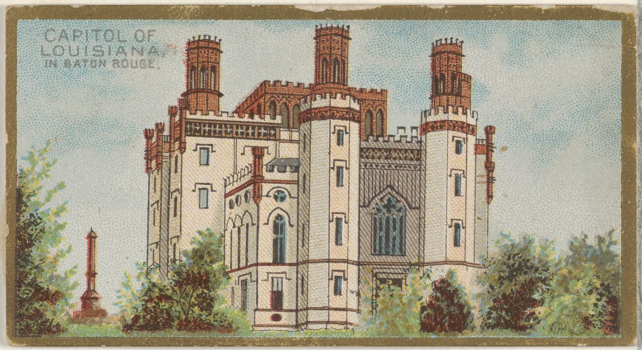 "Capitol of Louisiana, in Baton Rouge" — an 1889 Allen & Ginter cigarette-card print of the building, Metropolitan Museum of Art collection.