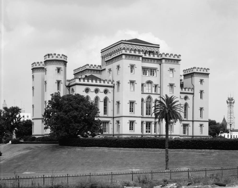 The Old State Capitol's south facade viewed from the southwest, with its Gothic Revival turrets, 1978 HAER documentation photo.