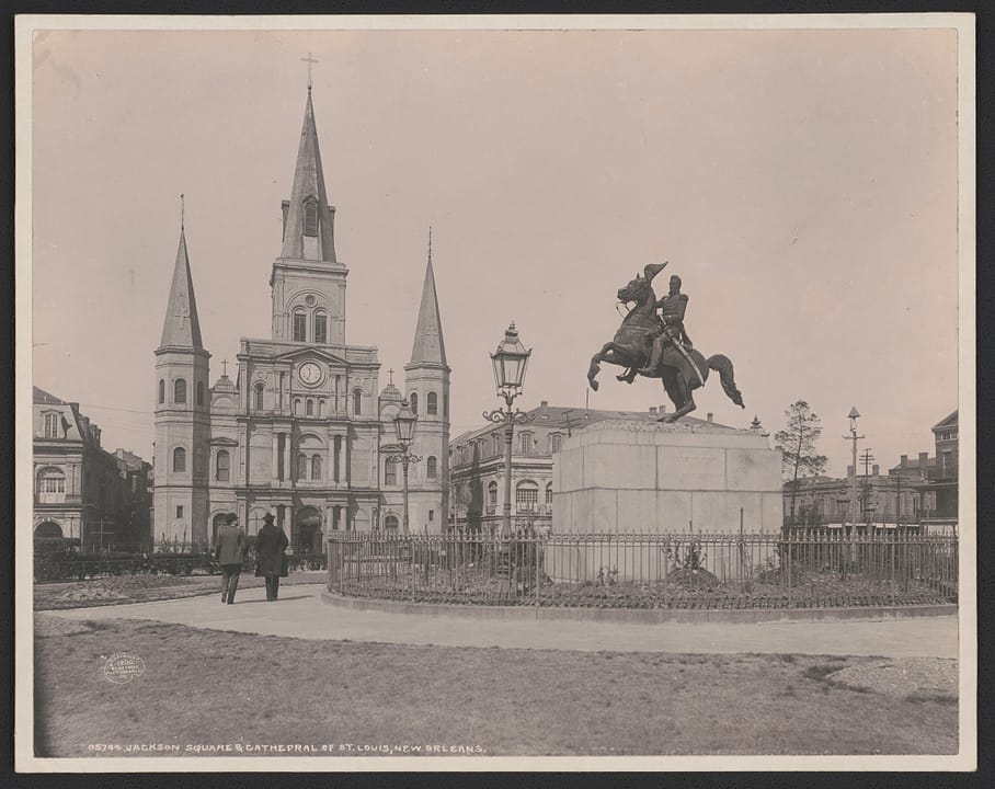 Jackson Square and St. Louis Cathedral with Clark Mills' equestrian statue of Andrew Jackson, New Orleans, photographed around 1900 by the Detroit Photographic Company.